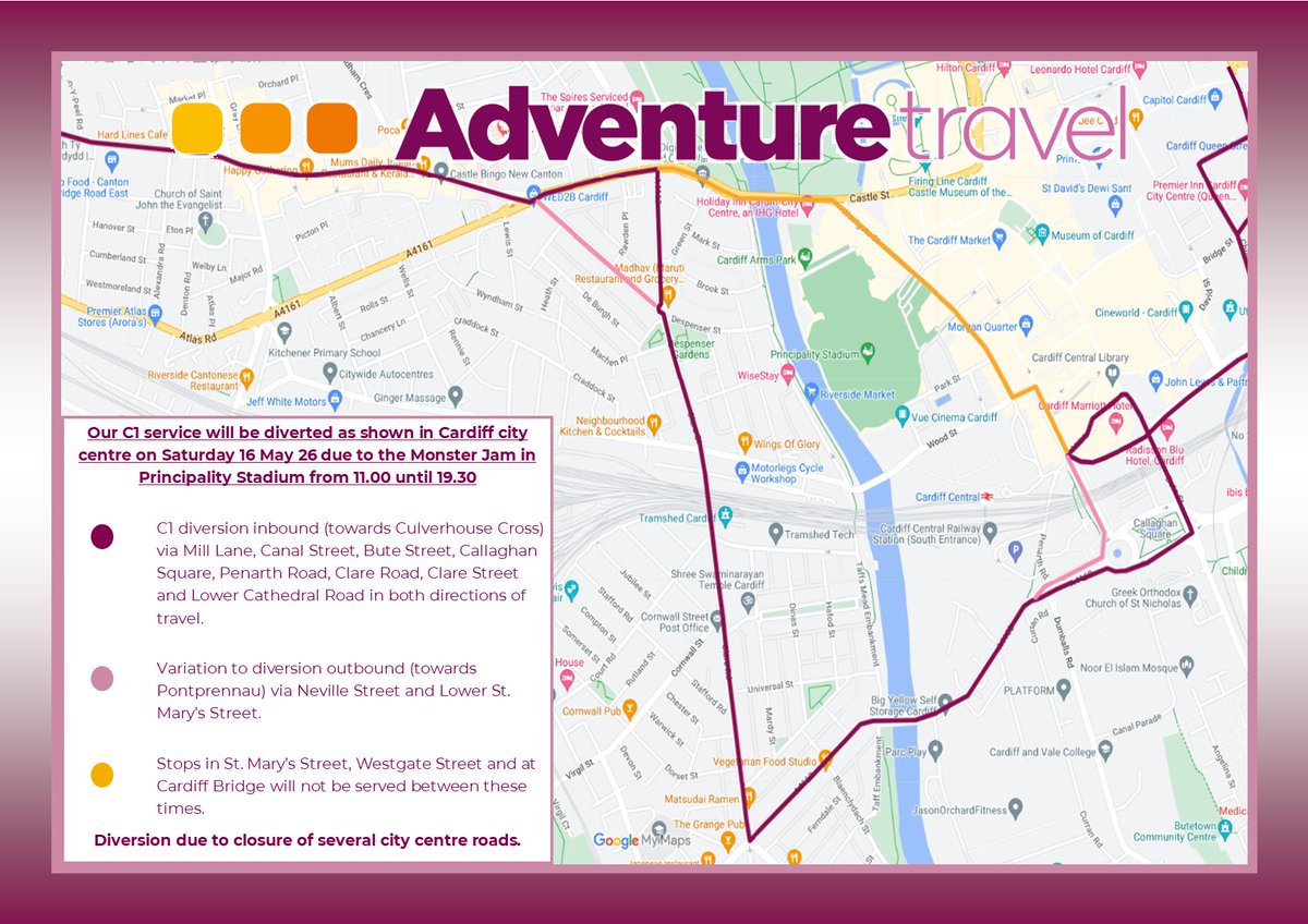 AdvTravelBus's tweet photo. Our C1 service will be diverted from 11.00 > 19.30 on Sat 16.05.26 due to Monster Jam in Principality Stadium. https://t.co/HFmmbjV30B