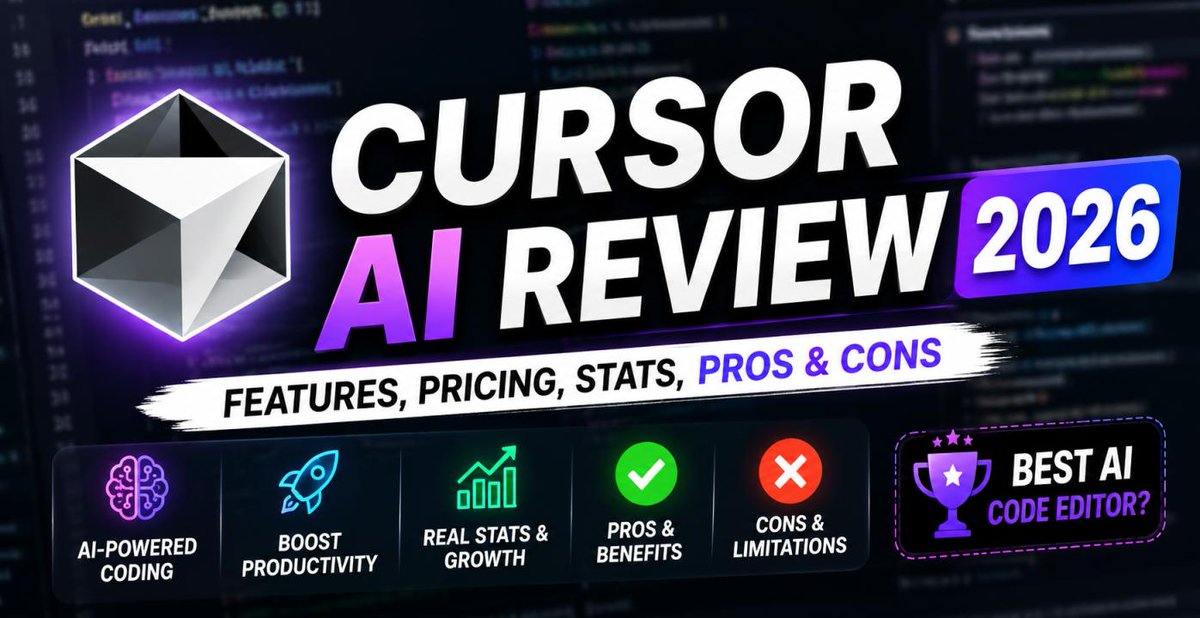 bot_bunch's tweet photo. Cursor AI Review 2026: Features, Pricing, Stats, Pros  https://t.co/5BWnZDonAe 🚀 Cursor AI Review 2026. Why are developers switching from VS Code to Cursor AI?
Is it really the best AI code editor in 2026? 👀
#CursorAI #AI #Coding #Developers #Programming #VSCode https://t.co/FxxZNbVf86
