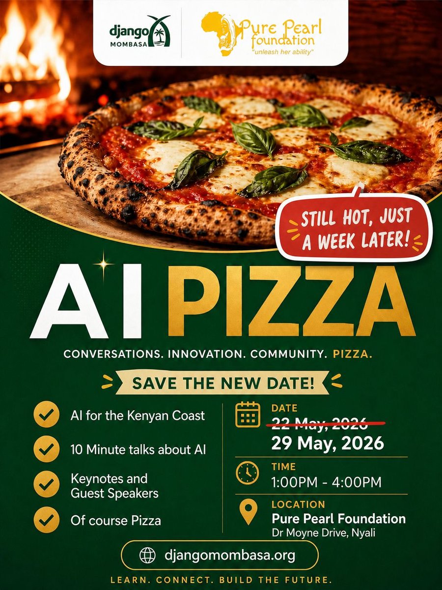african_aiai's tweet photo. Our AI pizza gathering is still hot, just a week later!
Expect the same flavour though, 
Mark your calendar because innovation tastes better shared.
#AIPizza
#DjangoMombasa https://t.co/PIfrsoj9XJ