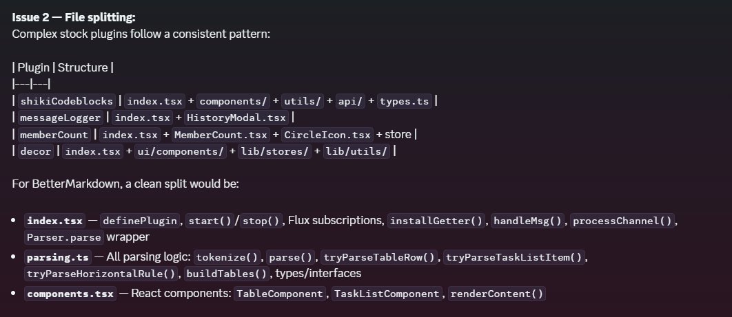 pnivek_'s tweet photo. As agents like #hermes and #openclaw grow, more people are using Discord to interface with them.

AI often outputs markdown, but Discord lacks support for proper tables and task lists.

Today I released BetterMarkdown, a #Vencord plugin that fixes that. 

https://t.co/uy2pTE9LtN https://t.co/491UJXAaQA