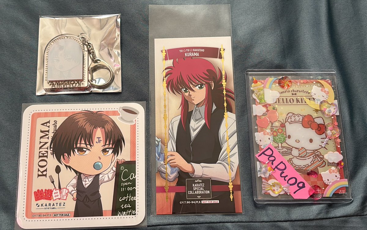 papu09's tweet photo. 【交換】
幽遊白書 幽白 カラオケの鉄人 カラ鉄 復刻 ストローチャーム 箔押しチケット風カード コースター

譲→コエンマ　蔵馬
ストローチャーム　コエンマ

求→ コースター　桑原(等身)
ストローチャーム　桑原
箔押しチケット　幽助

郵送のみ。 https://t.co/4Pw9EolGhl