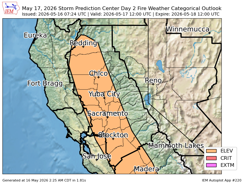 CalStormLover's tweet photo. #SPC issues Day 2 Elevated Fire Weather Risk at May 16, 7:24z for STO https://t.co/gKUWEQZwJd https://t.co/udiciO16OA