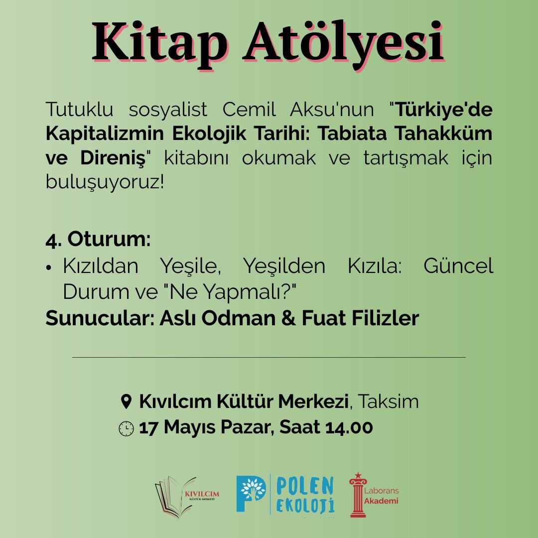 Laborans_'s tweet photo. Aslı Odman ve Fuat Filizler'in sunumlarıyla, ekoloji hareketinin siyasi tarihini ve geleceğini tartışacağımız, "Tabiata Tahakküm ve Direniş" kitap atölyemiz son oturumu yarın!

📆 17 Mayıs, Saat 14.00
📍 Kıvılcım Kültür Merkezi https://t.co/X9cuCZZMIA