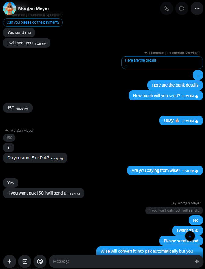 Mad_Dzine's tweet photo. Scammer Alert!🚨

This person, who appears to be from India, is running a scam by using fake OnlyFans models’ names and pictures to create misleading accounts. He made me work for two days and, in the end, claimed he had no money. He even said, “If you want 150 PKR per thumbnail, let me know and I’ll send it.”

What’s shocking is that on his job posts, he claims to offer a budget of $100–$150 per thumbnail, yet he apparently cannot even pay 150 PKR.

I strongly request everyone to avoid working with him or sharing portfolios on his job posts. He is scamming people. He also insulted me and my country with abusive language. I have attached screenshots of the chats below as proof.

Please share this post as much as possible so others can stay safe from this scam.