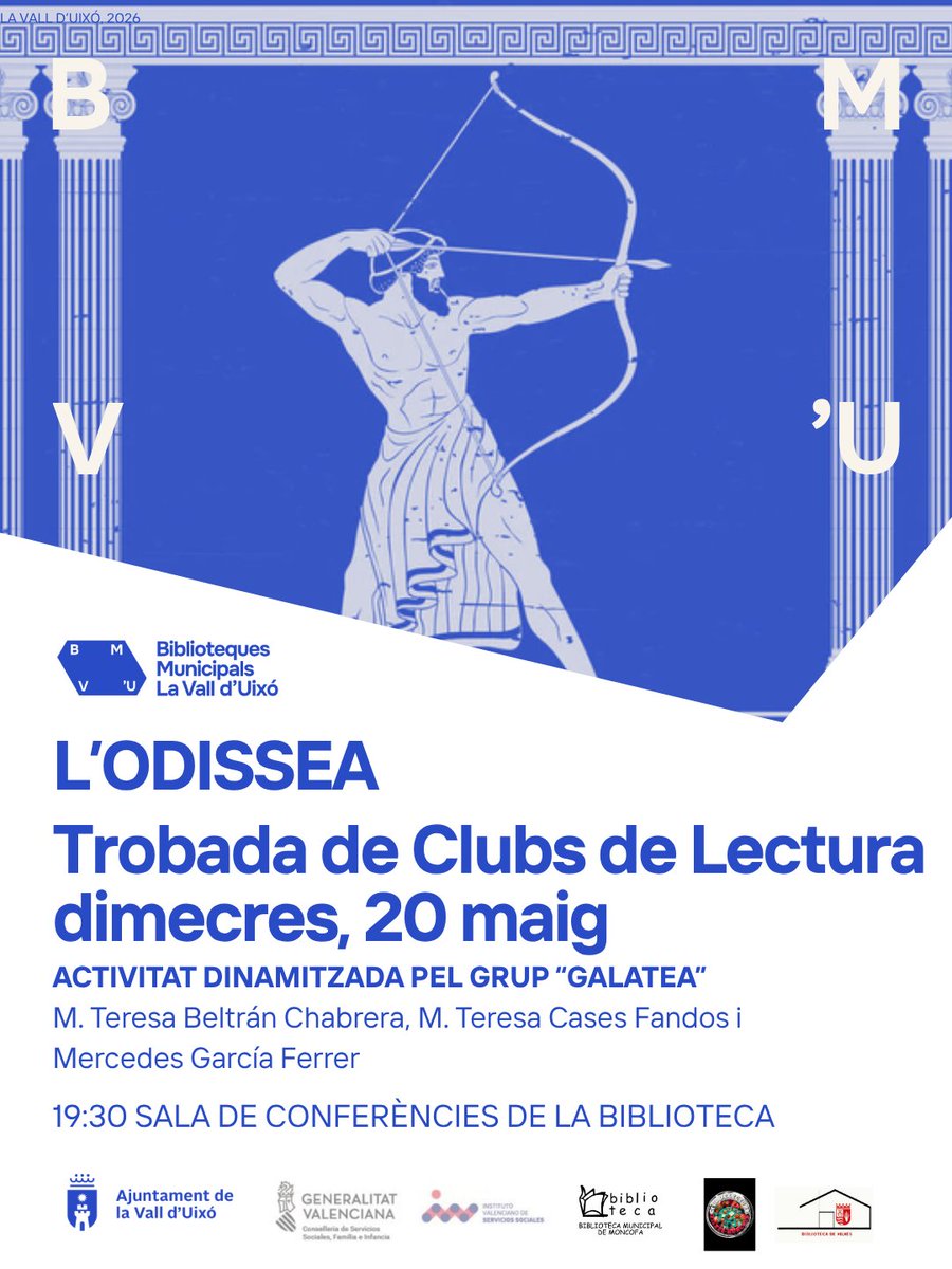 bibliolavall's tweet photo. 👉🏼TROBADA DE CLUBS DE LECTURA A LA BIBLIOTECA

🔷️El dimecres 20 de maig a les 19:30, tindrà lloc a la sala de conferències de la biblioteca una trobada de clubs de lectura per tal de comentar L'Odissea. https://t.co/bOTz7VQHrR