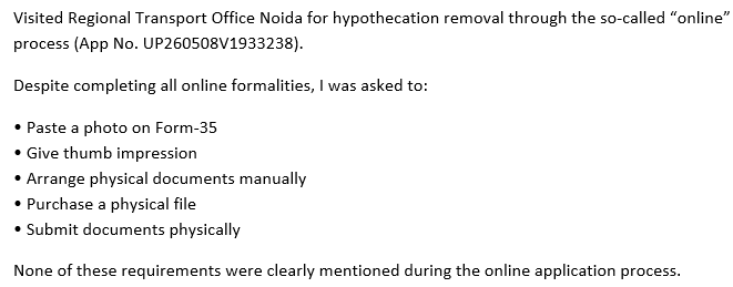yogeksh's tweet photo. #Noida #RTO #DigitalIndia #Parivahan #CitizenServices #UPGovt @UPTransportDept @ParivahanSewa Is Digital India really digital — or just paperwork moved online? https://t.co/uleTCvBBcT