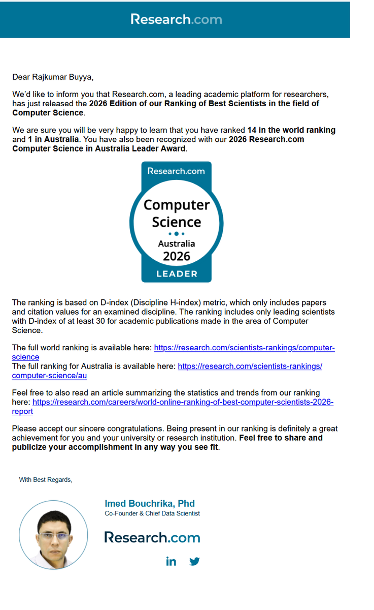 buyya's tweet photo. Thank you https://t.co/E0mqxJHBCi for sharing this good news. Credit goes to all my co-authors and all researchers who made this happen. https://t.co/VECP9TZ5ac
