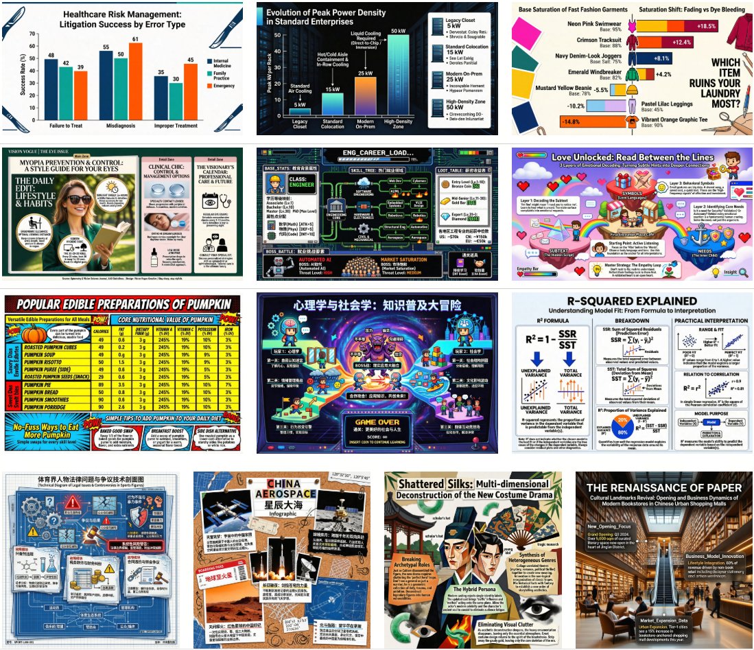 lnzhqin16's tweet photo. 🚀We just released SenseNova-U1-8B-MoT-Infographic!
It brings aesthetic posters, charts, comics, even arXiv paper to life with dense text!📈SOTA on infographic benchmarks!📊
🤗Weights: https://t.co/PqagRLIcW5
🎨100+ Examples: https://t.co/4pWOod37bv
Hope you have fun with it !!✨ https://t.co/HFteL4FkVZ