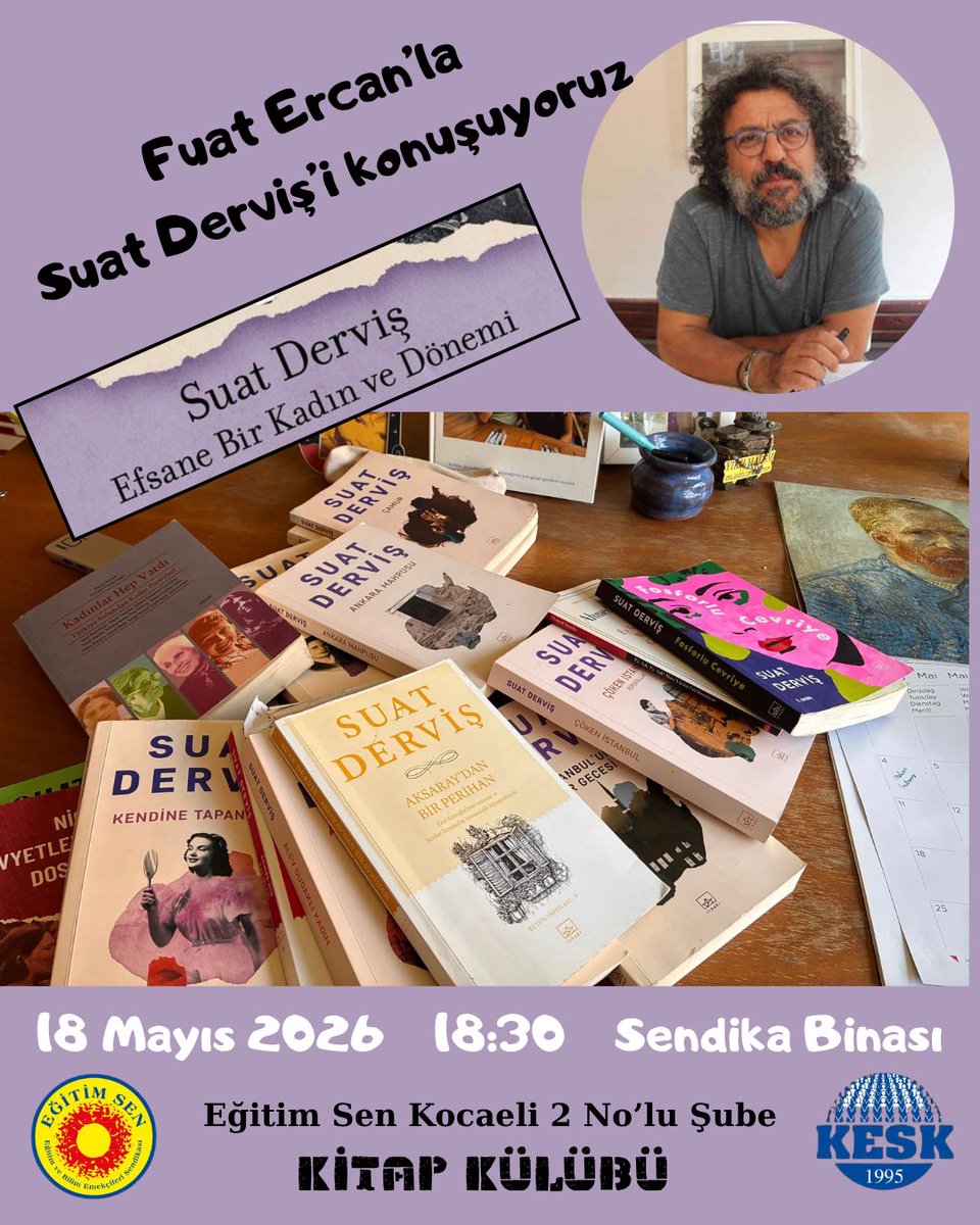 kocaeli_2nolu's tweet photo. 🌟Kitap kulübümüz bu ay Suat Derviş üzerine derinlemesine bir değerlendirme yapma telaşına düştü. Bu tatlı telaşlarına Fuat Ercan hocamız da eşlik edecek. 

Fuat Ercan (@f47507352) hocamızla Suat Derviş buluşmasına katılmak isteyen meraklı arkadaşlarımızı, 18 Mayıs 2026, Pazartesi akşam saat 18:30’da sendika binamıza bekleriz☕️📚🌾