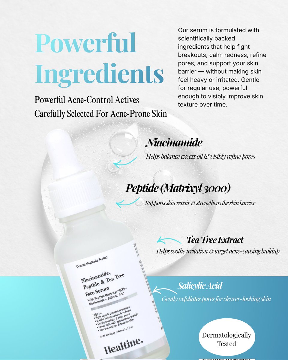 healtine's tweet photo. Acne, oily skin, visible pores &amp; post-breakout redness?
Your skin doesn’t need harsh products — it needs the right formulation ✨
Healtine Niacinamide, Peptide &amp; Tea Tree Face Serum https://t.co/mJ2paSMsTO