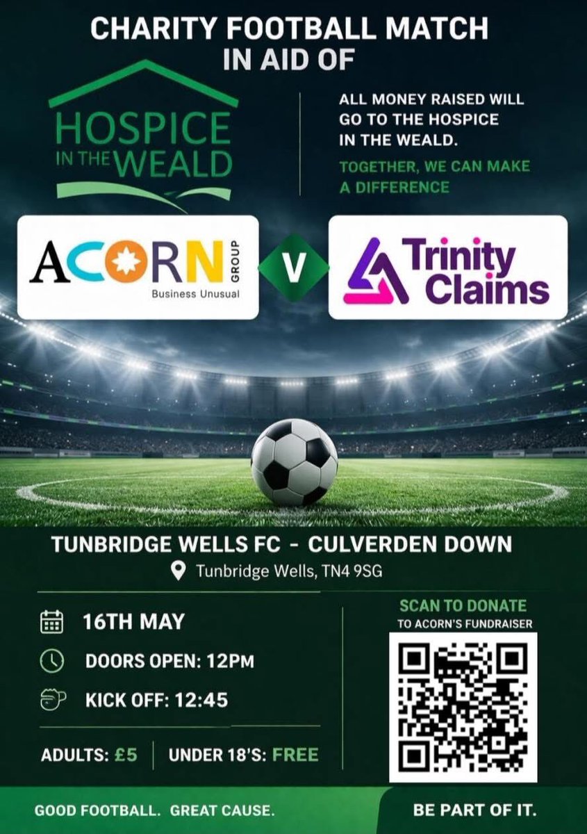 Tun_Wells_FC's tweet photo. ⚽️ CHARITY FOOTBALL MATCH ⚽️

Join us at the Culverden today to support of an incredible cause ❤️💚

🗓 Sat 16th May
📍 Culverden Stadium, TN4 9SG
⏰ KO 12:45PM

🆚 Acorn Group vs Trinity Claims

All money raised will go to Hospice in the Weald

💷 Adults: £5
👦 Under 18s: FREE https://t.co/iM99R0dG0Z