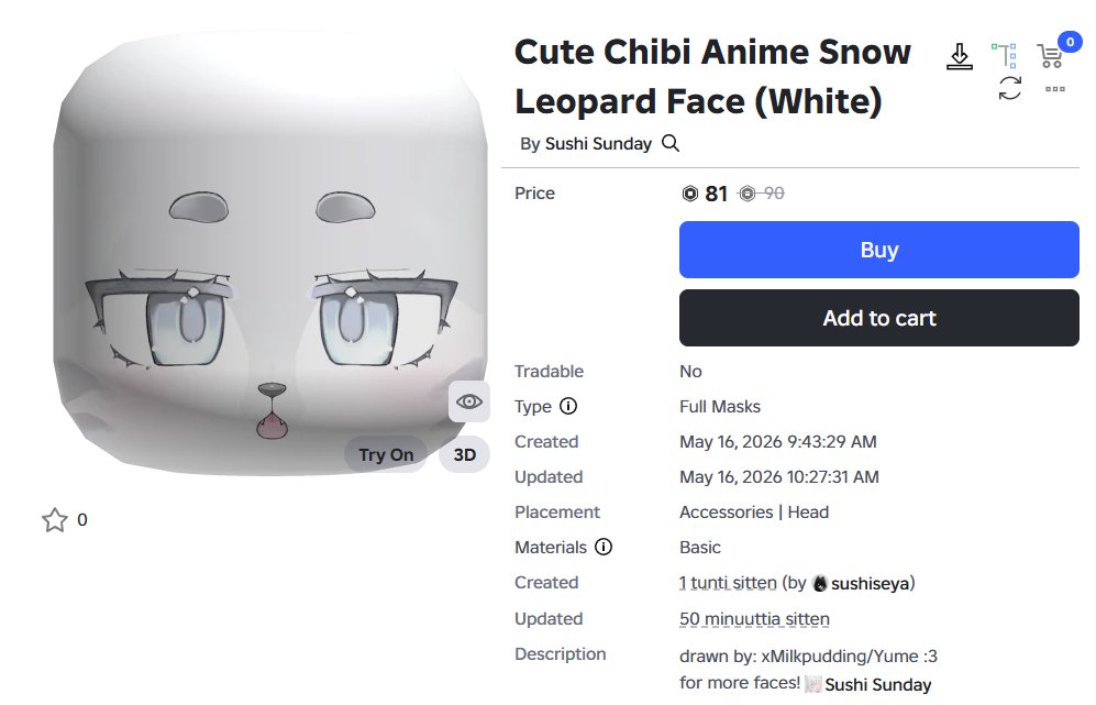 CowWifi's tweet photo. The group "Sushi Sunday" has copied the design of one of my fursona face masks that I occasionally design for myself.
I'm very upset and confused on the unprofessionalism of some creators on Roblox, I've specifically stated in my group bio not to use my work as a reference. https://t.co/qXdOEa5eIP