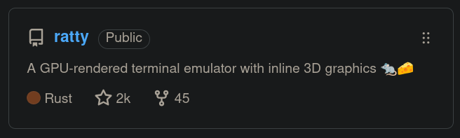 orhundev's tweet photo. Some projects aren't about "Why?"
They are about "Why not?"
🐀 "Ratty" just hit 2k stars on GitHub! 🥳
Thank you so much!
https://t.co/e5ytdgs2Gj
#rustlang #ratatui #ratty #terminal #opensource https://t.co/FpjomAPqRQ
