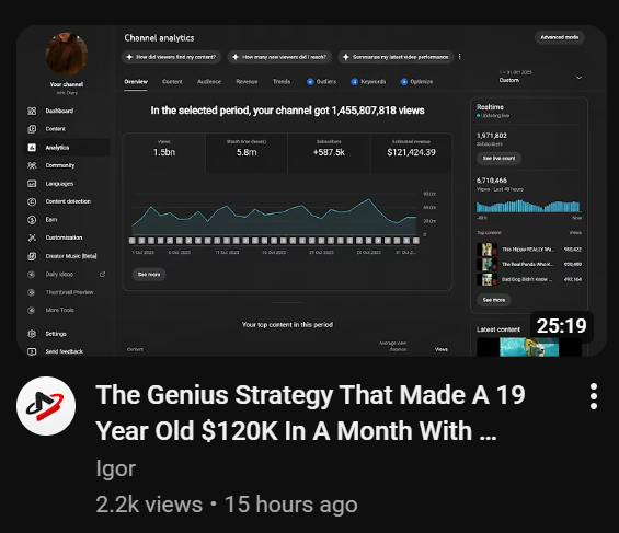 yt_igm's tweet photo. When @InfinityYTA applied to join Earnit he was making $3K/month.

6 months later he hit $120K in a single month.

He's 19.

So we sat down and broke down how he:

- Created his niche
- Keeps editors locked in long term
- Structures his outsourcing system
- Scales several channels safely
- Uses analytics to optimize format

And much more... 

This free vid has more sauce than most Shorts courses.

Search @yt_igm on YouTube to watch now.