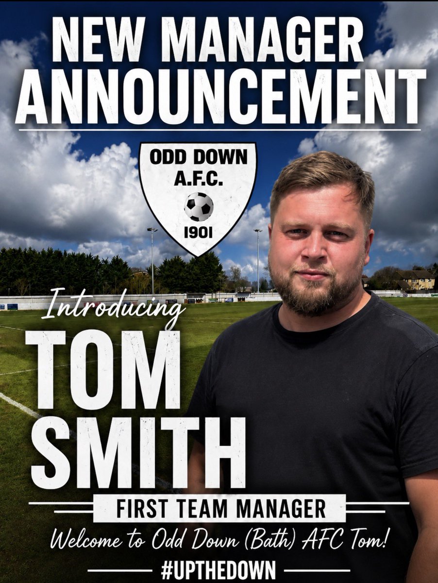 Odd_DownAFC's tweet photo. Odd Down AFC are delighted to announce Tom Smith as our new 1st team manager for the 26/27 season. 

Tom arrives after a couple years away from management where he achieved huge success at Welton Rovers gaining promotion to the Western League Premier division.

Welcome to Tom and we will be announcing his back room staff and squad additions in due course. 

Welcome to the Down Tom ⚪️⚫️

@swsportsnews @SomersetFA @_WesternLeague_