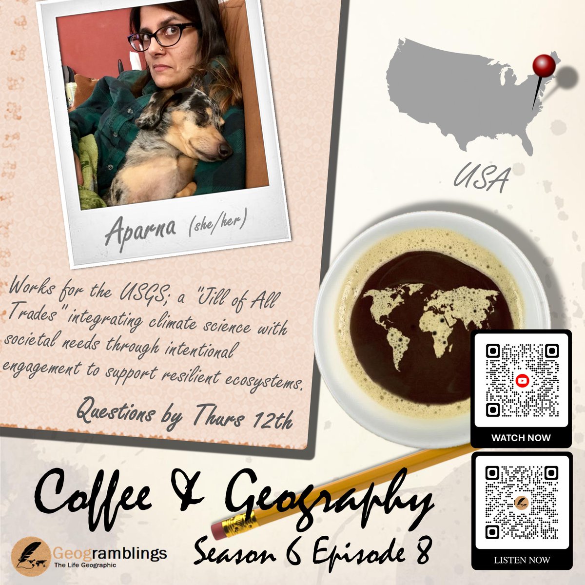 geogramblings's tweet photo. New #CoffeeGeogPod ep! Aparna Bamzai‑Dodson (USGS) on climate adaptation &amp; “actionable science”—getting the right science to the right people in the right format, and why place matters. Plus tea + open‑world gaming nostalgia. 
🎧https://t.co/vwEUa80fdu
📺https://t.co/75I9IPJVCr https://t.co/lcbd6yi5Rz
