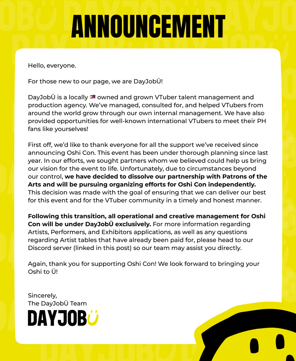 dayjobuTV's tweet photo. [ANNOUNCEMENT]
Important updates regarding @oshiconph 

For further information, please head to our official community Discord server linked in the replies. https://t.co/LLLc84XIDs