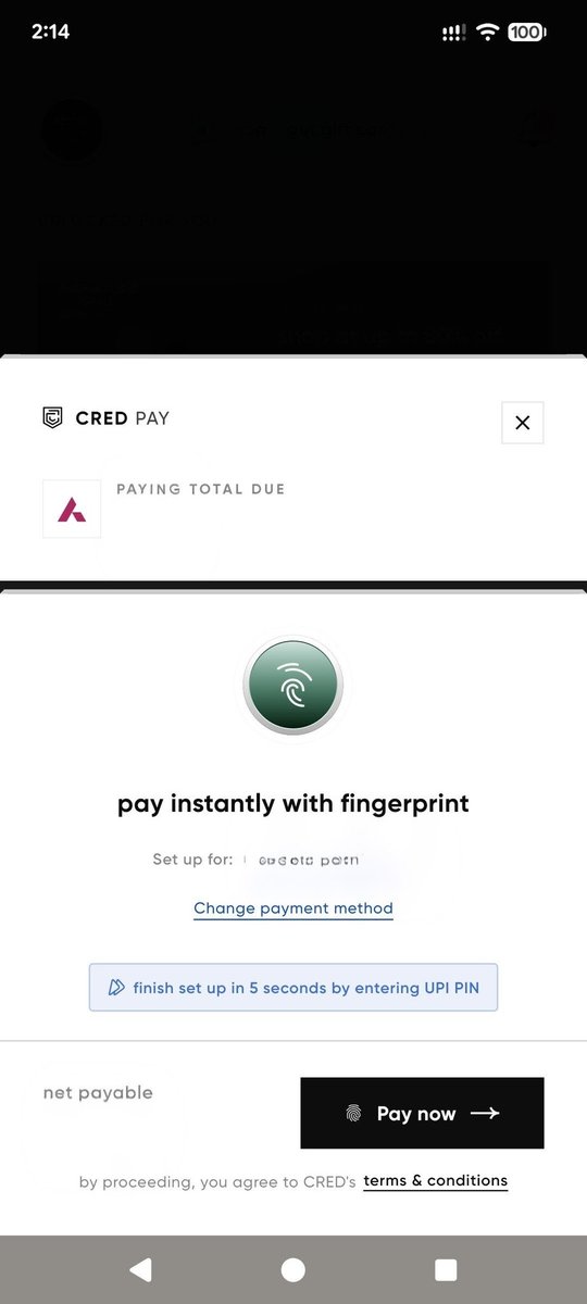 Yogendra14's tweet photo. @CRED_club why use this devious design to enable fingerprint payment? I was simply trying to pay and this payment flow is trying to setup the fingerprint payment setup instead? Why is this a default setup instead of an option? https://t.co/RIHWcROISr