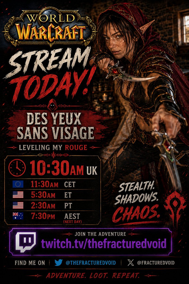 PandaBearspan's tweet photo. ⚔️🌑 WORLD OF WARCRAFT — DES YEUX SANS VISAGE 🌑⚔️
Leveling my rogue today 🗡️
Stealth. Shadows. Chaos.
🕥 10:30AM UK · 11:30AM CET · 5:30AM ET · 2:30AM PT · 7:30PM AEST
🔗 https://t.co/4i4iUyPis0
#WoW #WorldOfWarcraft #Rogue #Gaming #Twitch #LiveNow https://t.co/dRGO3iHbcO