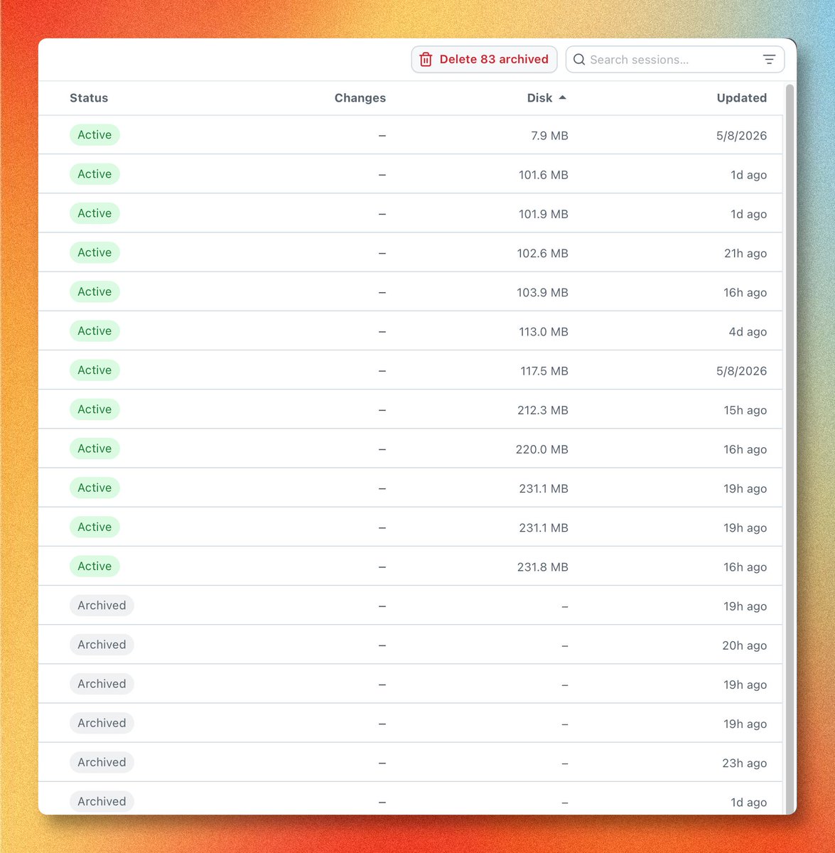 GitHub Copilot App sessions panel listing active and archived sessions with storage usage
