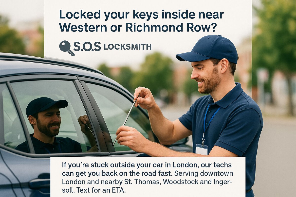 soslocksmithpro's tweet photo. Locked your keys inside near Western or Richmond Row?

If you’re stuck outside your car in London, our techs can get you back on the road fast. Serving downtown London and nearby St. Thomas, Woodstock and Ingersoll. Text for an ETA.

#LondonON #CarLockout #LockedOut #SOSLocksmith https://t.co/JAPVETuBcU