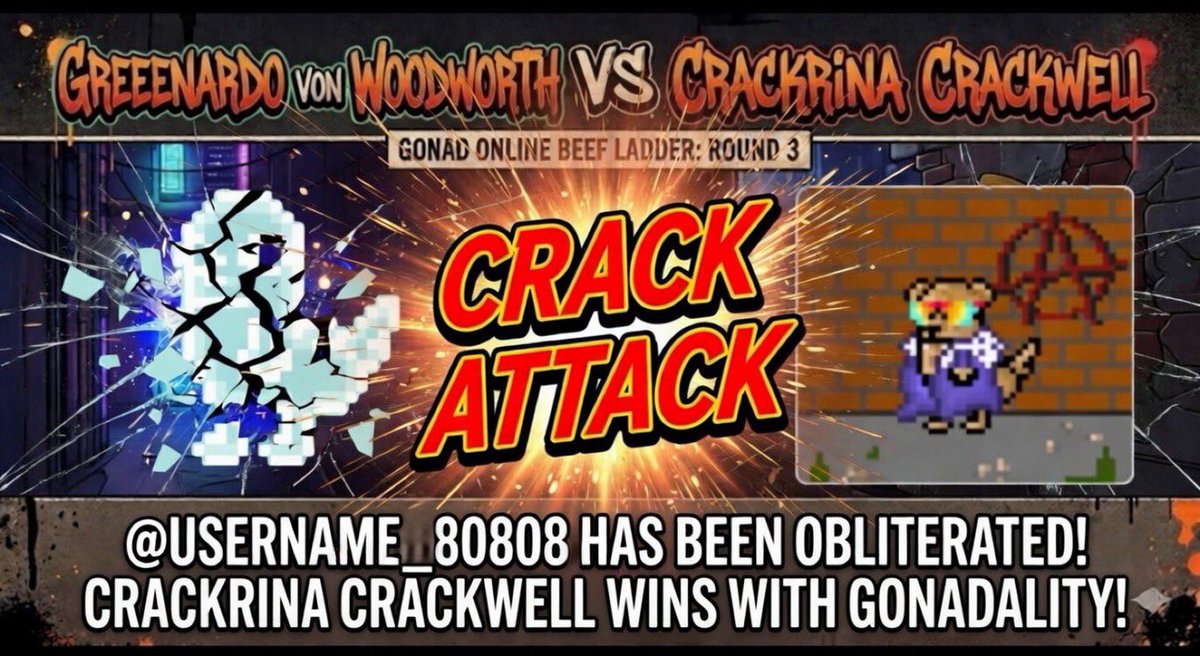 renderflesh_'s tweet photo. Crack Attack delivered. 💥
Your little phantom duck just got obliterated in Gonadality style 😂
@USERNAME_80808 consider this your official deletion notice.
Next round awaits.
#BeefLadder #MakeTheFirstStrike @gonad_online https://t.co/2o91E37K9d