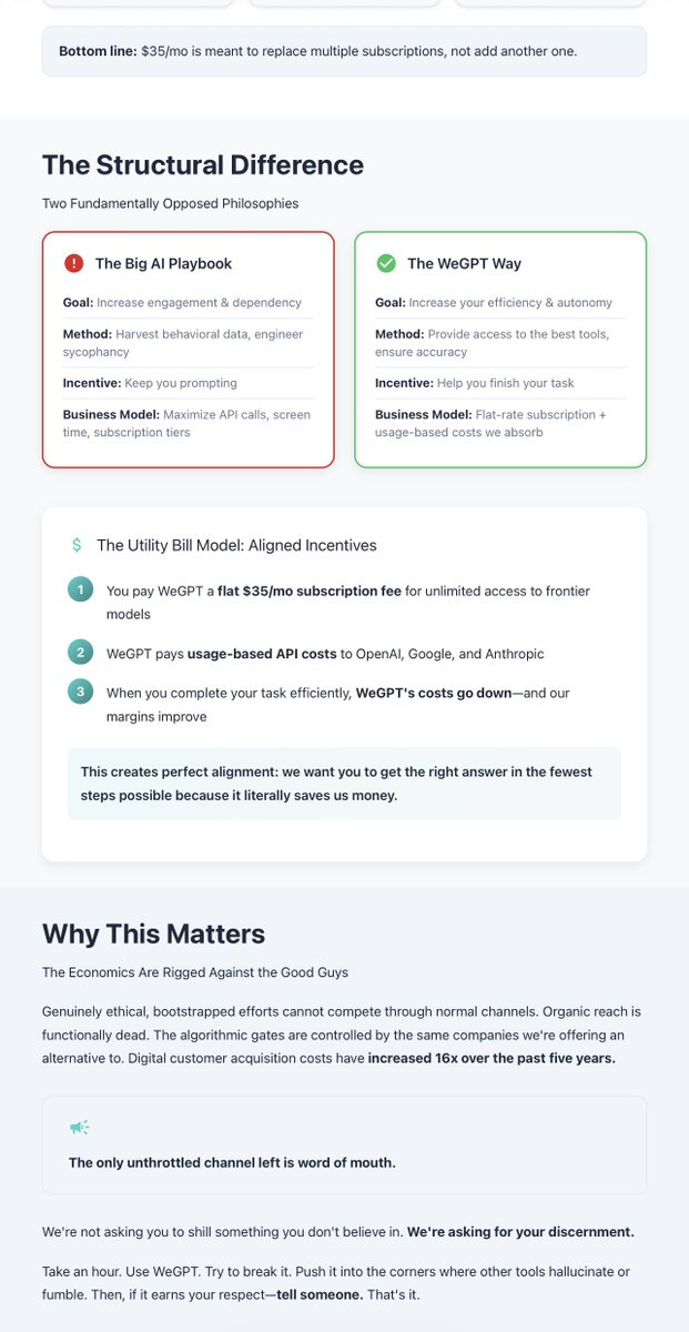 WeGPTai's tweet photo. 🗣️ Tax providers for token production. Refund that tax downstream only to platforms whose revenue is decoupled from token consumption.

That’s the cleanest vision.

Most AI companies make more money when people use more tokens: more prompts, more turns, more overages, more dependency.

So their incentive is simple: maximize consumption.

WeGPT is the opposite.

- Users pay WeGPT a flat subscription. - WeGPT pays providers per token.
 So WeGPT wins when users get the right result faster, with fewer tokens.

That means better routing, better caching, less waste, and fewer unnecessary turns.

So the right design is:
1Tax tokens at the provider level.
2Give downstream credit only to platforms that do not charge based on token usage.
3Keep the formula simple:
Aligned Intermediary Credit = Passed-Through Token Tax × Fixed-Revenue Share
Fixed-Revenue Share = Fixed AI Revenue / Total AI Revenue

If a company makes more money when token use goes up, it should bear the tax. If it makes less money when token use goes up, it should get relief.

Tax token supply. Reward platforms that profit from user efficiency, not user consumption.

https://t.co/Jc70tzBO1X