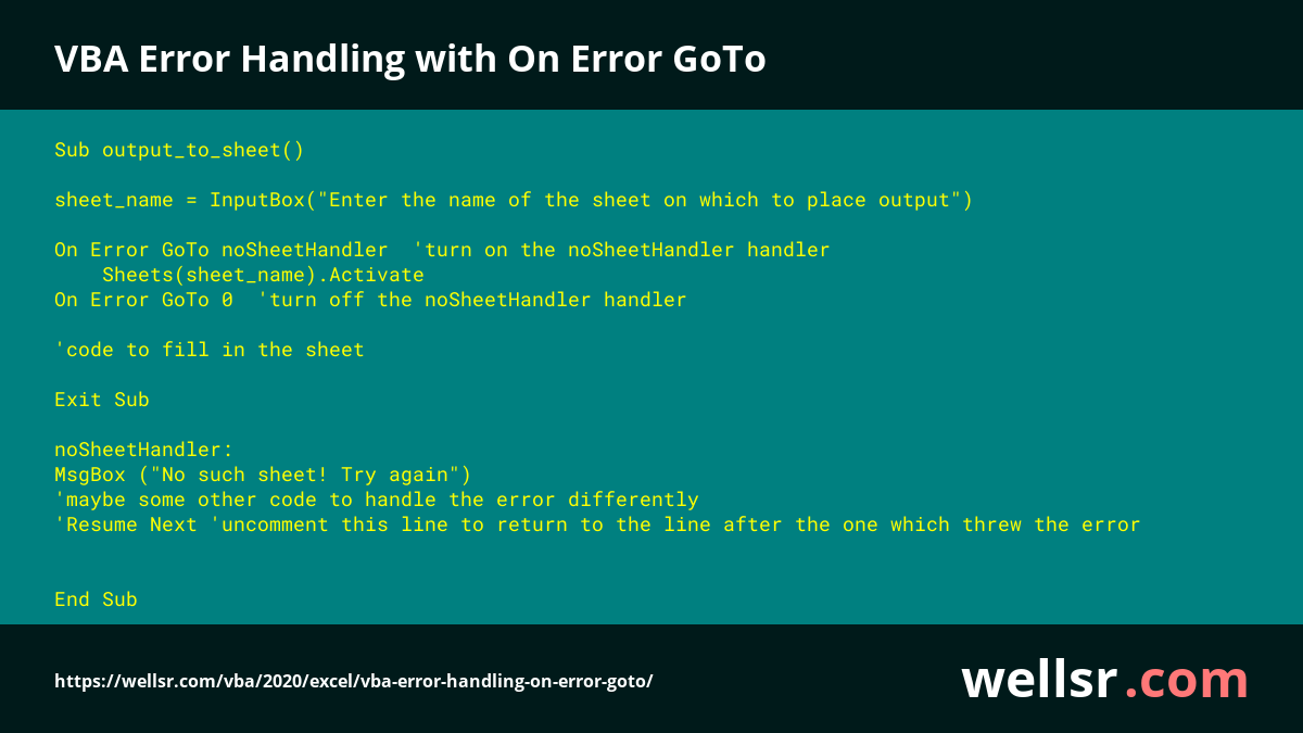 ryanwellsr's tweet photo. VBA Error Handling with On Error GoTo
Full tutorial: https://t.co/wje6H7MVMe https://t.co/HadIGU6meY