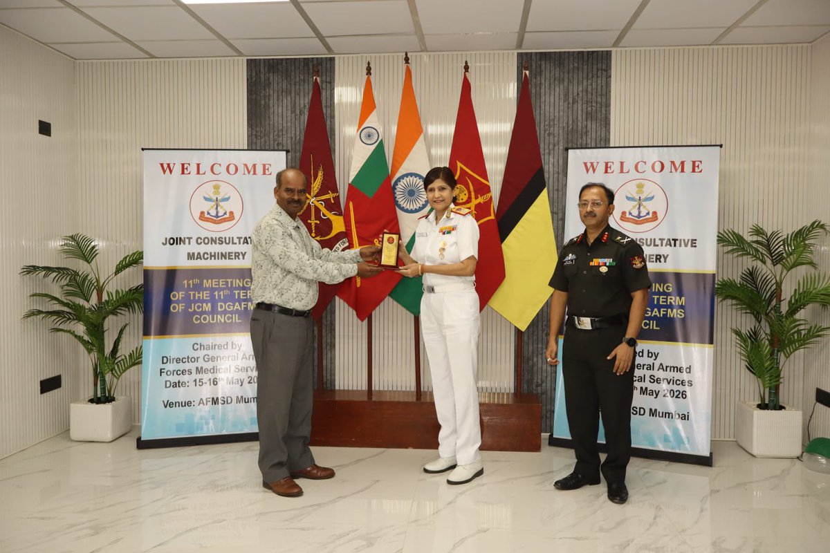 dgafms_mod's tweet photo. Surg Vice Admiral Arti Sarin, #DGAFMS, chaired the 11th JCM (Level III) meeting at #AFMSD Mumbai on 16 May 2026. She reviewed key issues concerning welfare, service conditions & training of Defence Civilian personnel of the #DGAFMS cadre.  The Flag Officer lauded the vital contribution of Industrial and non-industrial employees across #AFMS establishments and encouraged continued professionalism, innovation & participation in the ongoing digital transformation of the #AFMS. The #DGAFMS also inaugurated the “Laishram Hall” at #AFMSD Mumbai in honour of Maj Laishram J Singh, AC (Posthumous).  

@adgpi 
@indiannavy 
@IAF_MCC 
@HQ_IDS_India 
@SpokespersonMoD
@IaSouthern