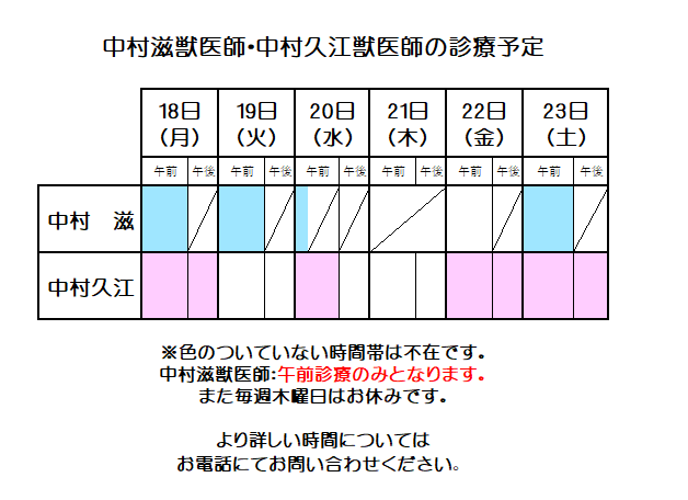 nakavets's tweet photo. 来週の中村滋獣医師、中村久江獣医師の診療予定はこのようになっております。                
  表の色のついていない時間帯は不在です。               
 急な変更もございますので、当日お電話でのご確認をお勧めいたします。 https://t.co/OczzuWiVQ2