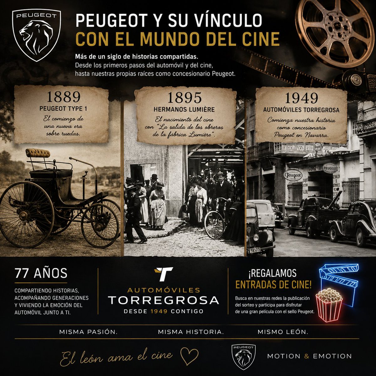 AutoTorregrosa's tweet photo. 🎬🦁 PEUGEOT Y EL CINE: MÁS DE UN SIGLO COMPARTIENDO EMOCIONES, mientras Peugeot escribía su historia en la gran pantalla… Automóviles Torregrosa llevaba décadas formando parte de esa misma aventura.

🚘 77 años representando Peugeot en Navarra https://t.co/qrJh2kRVCK