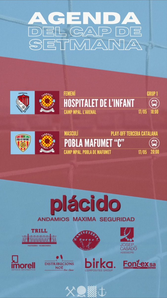 FCTarraco's tweet photo. 🔴🔵Partits del cap de setmana/

#somhiTarraco https://t.co/s0FaKcscmL