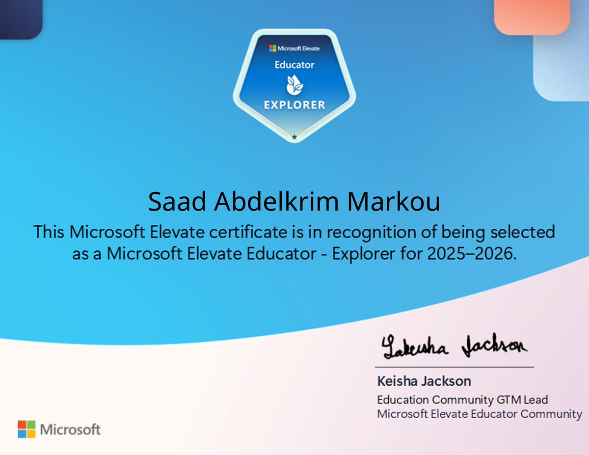 saadmarkou's tweet photo. View my verified achievement from Microsoft Elevate. https://t.co/KXr4t88hPy via @credly 
#edtech @microsoftedu https://t.co/hoqr7mLzG7