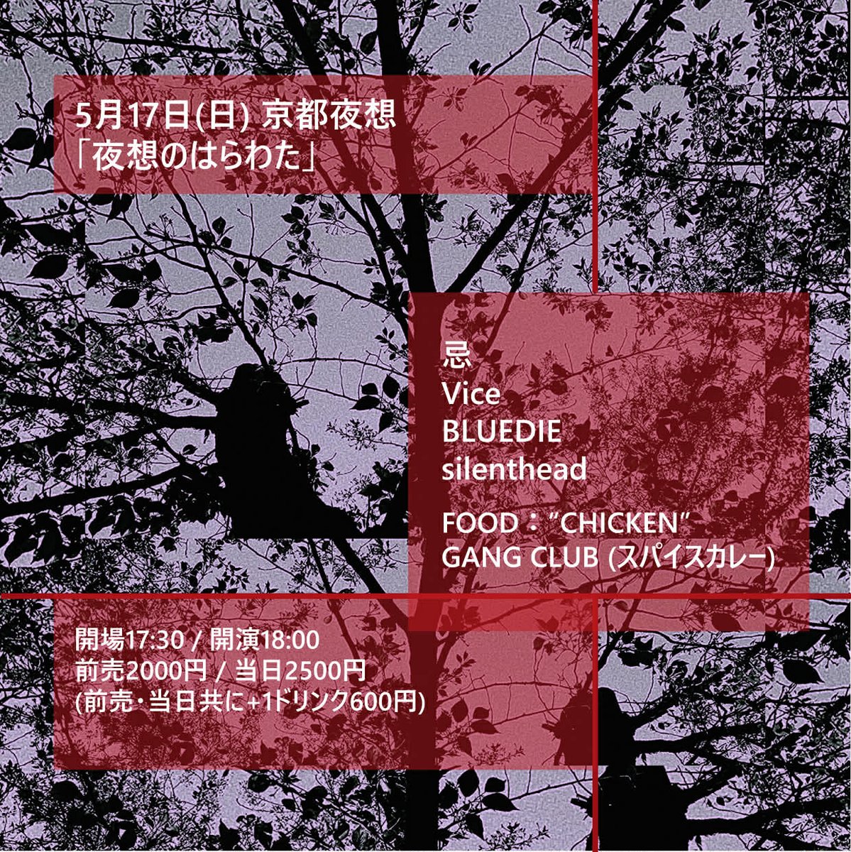 silenthead5's tweet photo. 5月17日(日)  京都 夜想

「夜想のはらわた」

忌
vice
BLUEDIE
silenthead

FOOD：”CHICKEN” GANG CLUB (スパイスカレー)

開場17:30 / 開演18:00
前売2000円 / 当日2500円 
(前売・当日 共に+1drink 600円) https://t.co/43HdPlwJxB