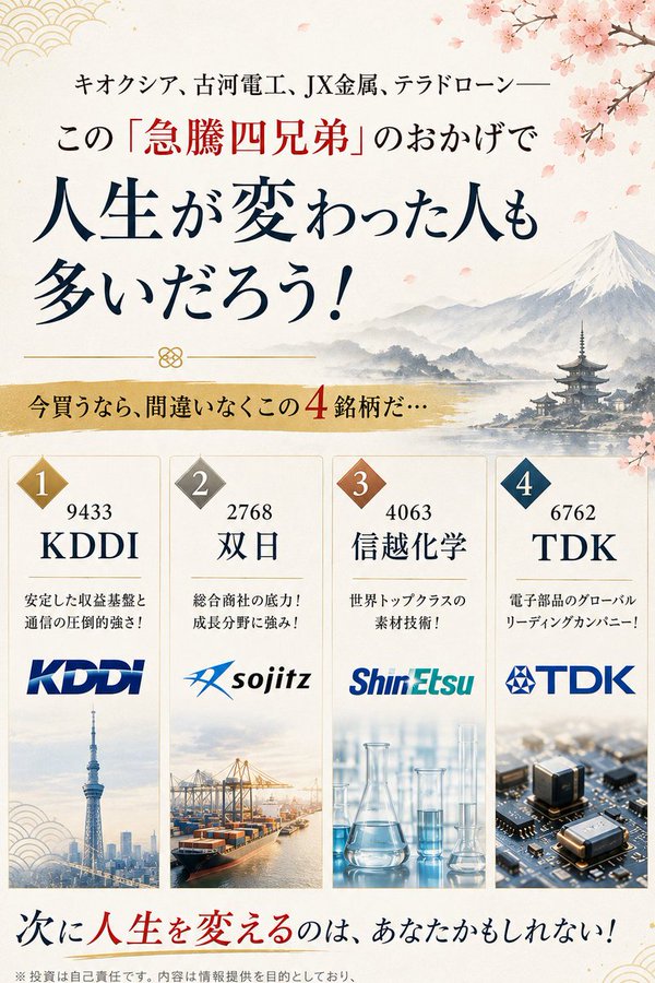 ho_8040's tweet photo. キオクシア、古河電工、JX金属、テラドローン――この「急騰四兄弟」のおかげで人生が変わった人も多いだろう！
今買うなら、間違いなくこの4銘柄だ…
1. 9433 ＫＤＤＩ
2. 2768 双日
3. 4063 信越化学
4. TDK 6762
日本株は、私を見ておけば十分。
フォローで実践情報を発信中📩 https://t.co/F1oVE7p7CI