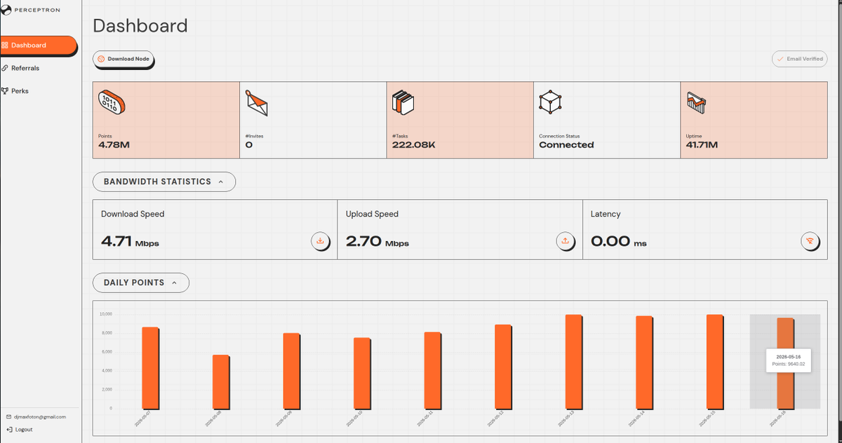 MaxFoton's tweet photo. Monitoring performance and ensuring stability. 📊
My Perceptron node is running smoothly with the new Dashboard. Ready for the next phase of the network! 🚀
@PerceptronNTWK #NodeAndProud https://t.co/23ngYKRaUR