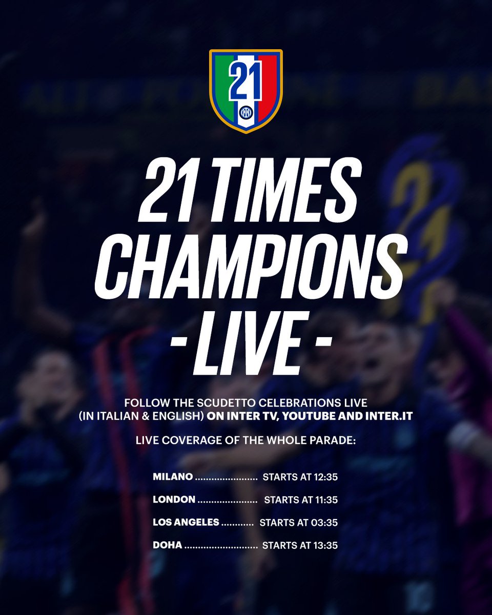 Inter's tweet photo. Dalla bus parade alla diretta esclusiva della festa! 🖤💙
Tutto quello che c’è da sapere sulla giornata dei 𝑪𝒂𝒎𝒑𝒊𝒐𝒏𝒊 🏆🏆

👉 https://t.co/nl63x348Bq https://t.co/g5WHqRrkN5