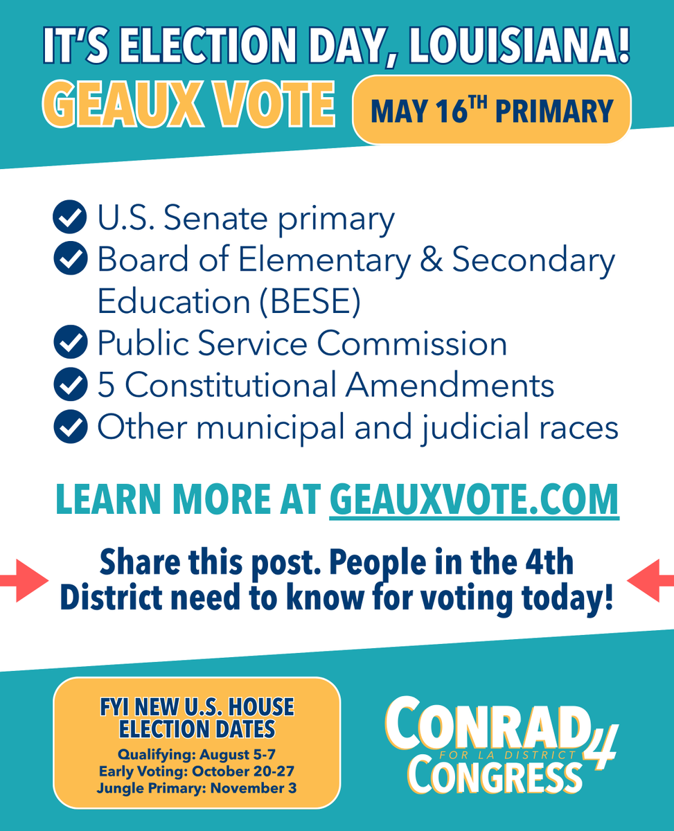 Conrad4Congress's tweet photo. Election Day is today. Go vote! 🗳️  

Polls are open until 8 PM. 📍 Find your polling place: https://t.co/ufAUtoeRVQ 

#GeauxVote #ElectionDay #Louisiana #YourVoteYourVoice #GOTV https://t.co/TCFzyRbEyU