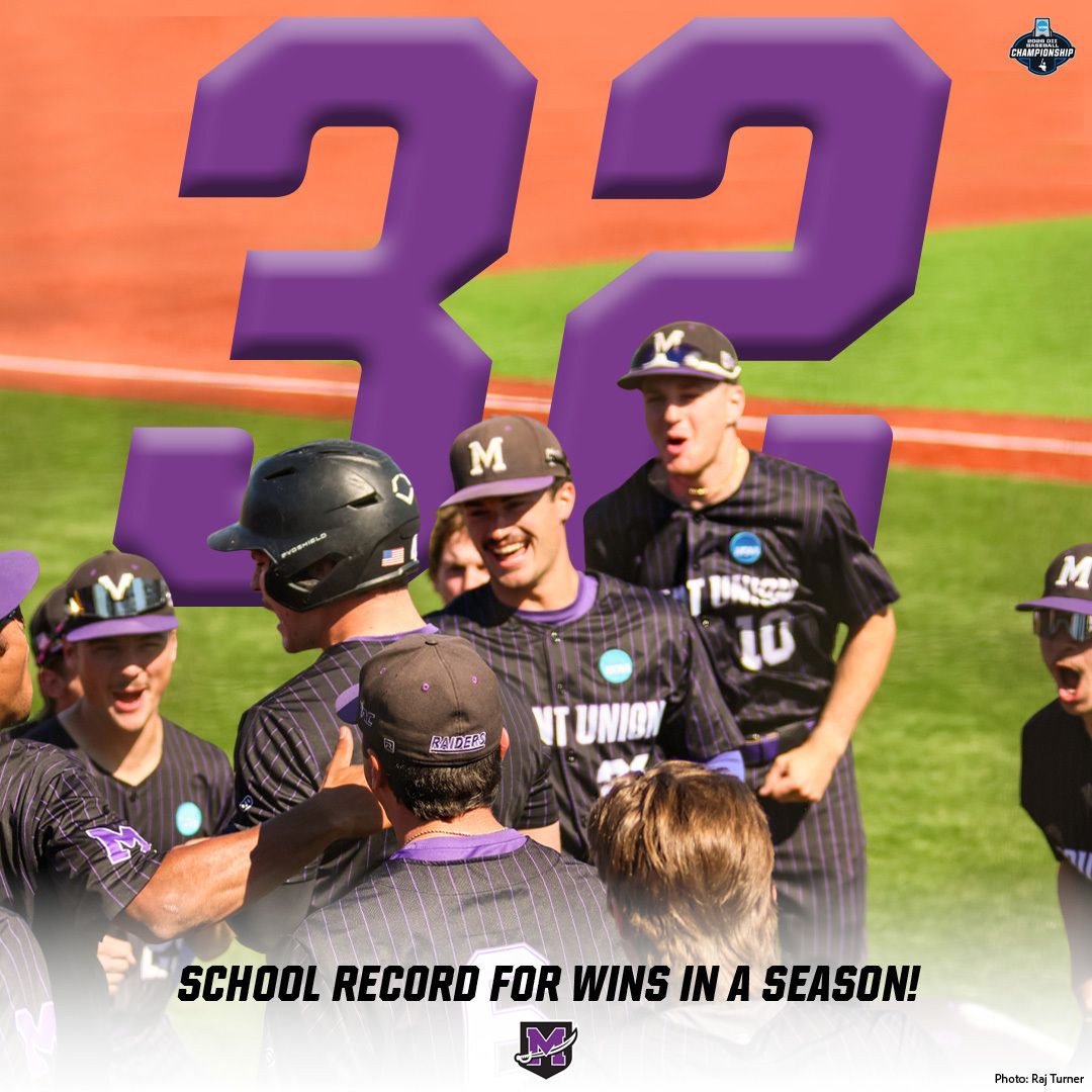 purpleraiders's tweet photo. Mount Union scored its most runs in an NCAA Tournament game in its second-ever NCAA Tournament win with its 15-6 victory over Bridgewater State today, breaking the school record for wins in a season! https://t.co/MYQtk5rpB0