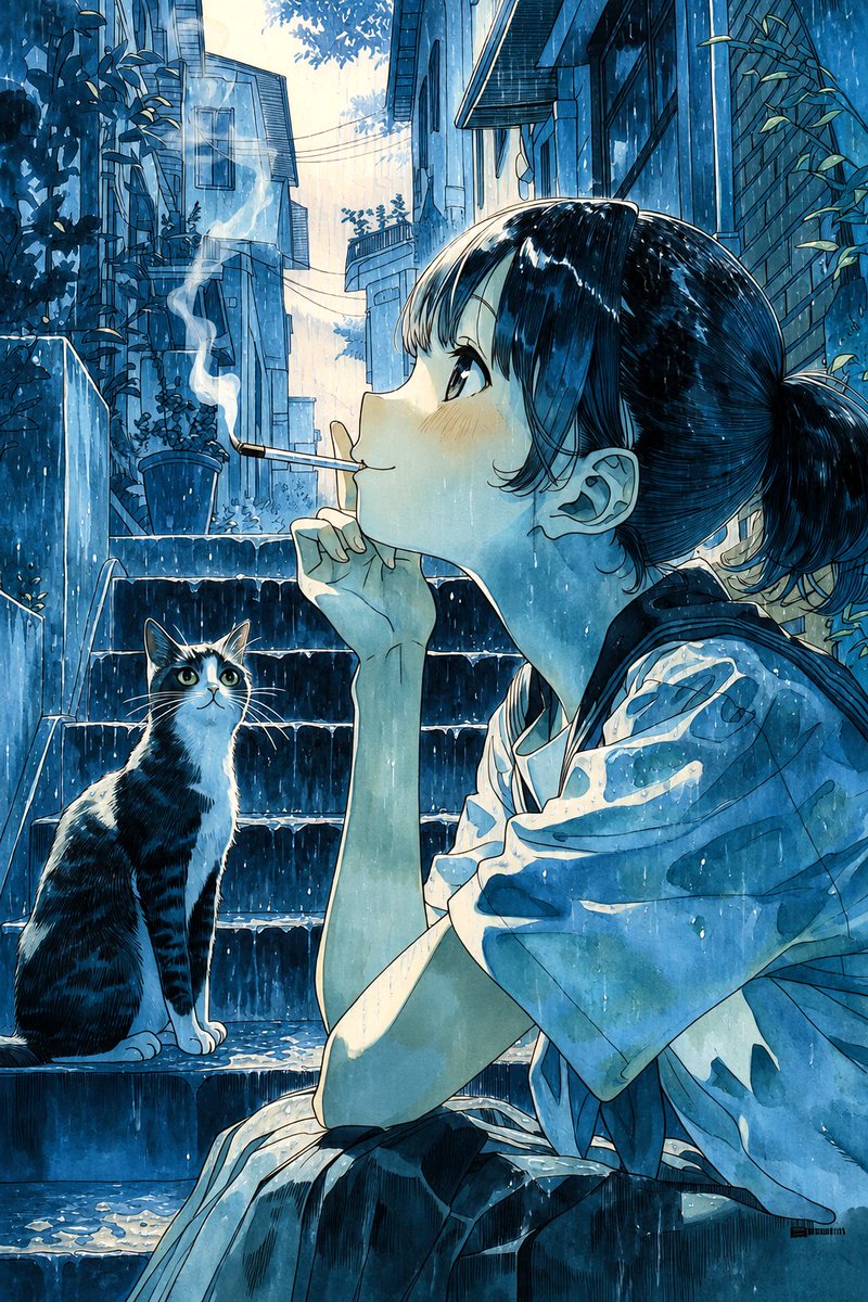 TCGlimmer's tweet photo. On a rainy day long ago, I quietly savored the freedom of being alone.
あの日の雨の中、ひとりでいる自由を静かに味わっていた。

#AIart #AIイラスト #Midjourney #イラスト #illustration #characterdesign #少女 #girl #beauty #relaxing #リラックス #日和 #raining #cat #猫 #smoking https://t.co/kVrzFwfxwS