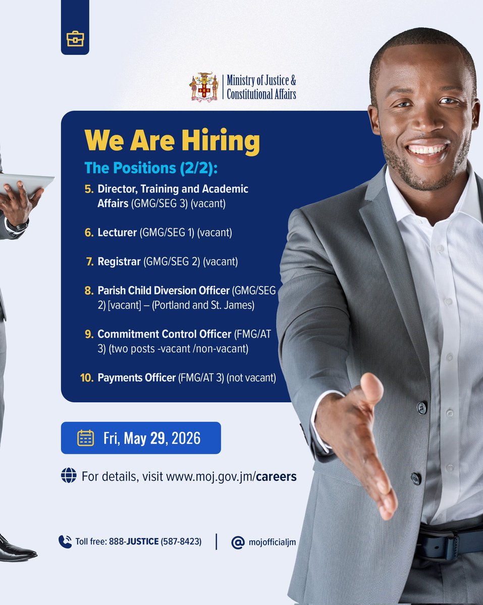 mojofficialjm's tweet photo. We're looking for talented professionals.

The Ministry of Justice & Constitutional Affairs is recruiting across multiple divisions!

If you’re driven, skilled, and ready to contribute to national development, we want to hear from you.

👉 Swipe to see where you fit
📩 Apply online by May 29, 2026, at https://t.co/06Xv4EYxc4

Join the mission to deliver Justice for All.

#NowHiring #BuildingAStrongerJusticeSystem #FirstClassJusticeSystem #MJCA #JamaicanJobs