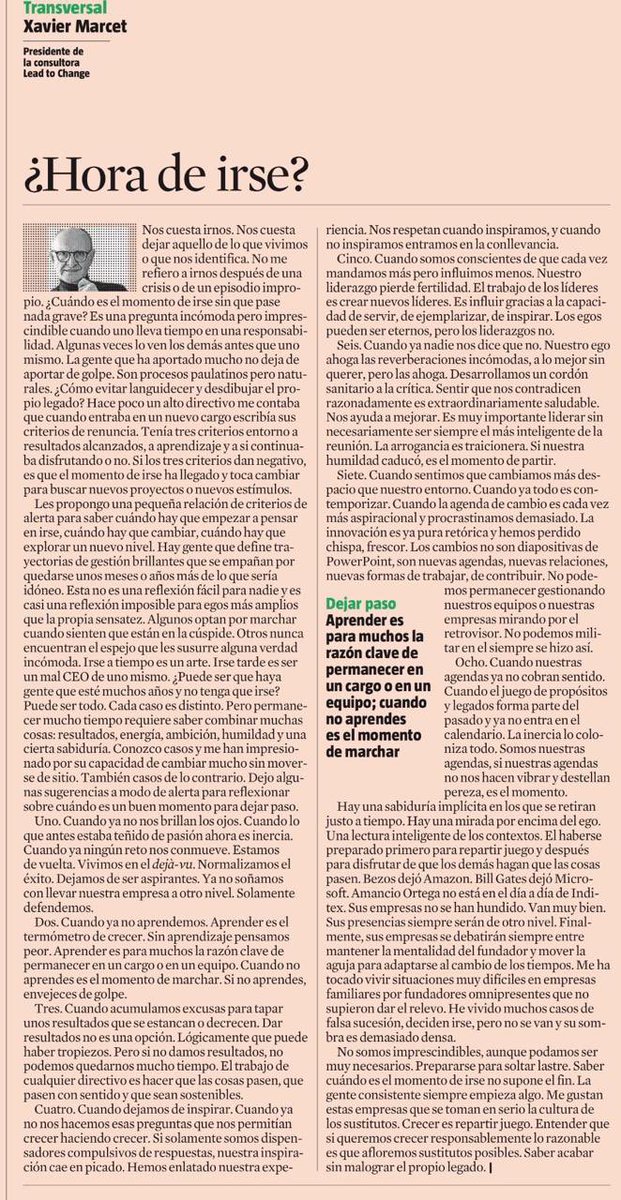 maRIOrioRDA's tweet photo. 🧭 Los 8 elementos para saber irse (según @XavierMarcet)
1. Cuando se apaga la pasión. Si ya no “te brillan los ojos”.
2. Cuando dejás de aprender. Si ya no crecés ni incorporás cosas nuevas, te estás estancando. 
3. Cuando los resultados se estancan (y los justificás).
4. Cuando solo defendés lo logrado
Pasás de construir futuro a conservar el pasado.
5. Cuando vivís en “déjà vu”. Sentís que todo es repetición, que no hay desafío real.
6. Cuando dejás de disfrutar. Un criterio: resultados + aprendizaje + disfrute.
7. Cuando otros lo ven antes que vos
Muchas veces el entorno detecta antes tu desgaste.
8. Cuando te quedás más de lo debido. 👉 Irse a tiempo es un arte. Quedarse de más deteriora tu legado.