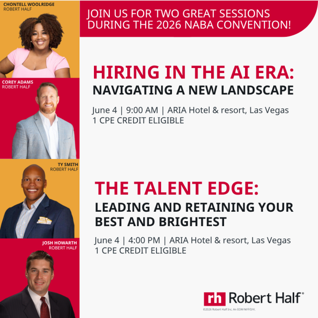 Noecolina98's tweet photo. Are you prepared to hire in the age of AI while also retaining your top performers? Join @RobertHalf at the 2026 @nabainc Convention in Las Vegas for two CPE-eligible sessions packed with actionable insights. See you on Thursday, June 4! https://t.co/ZIeZg3D9mR https://t.co/5aNmbIbpWE