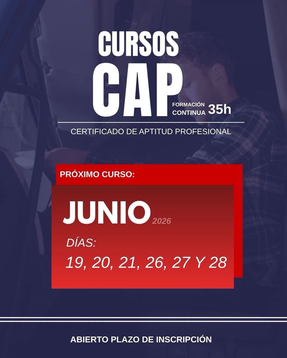 aejupima's tweet photo. 🚛💨 ¡Nueva convocatoria de CAP en marcha!

Si quieres obtener o renovar tu Certificado de Aptitud Profesional, esta es tu oportunidad. 👇

📅 Próximo curso: JUNIO 2026
🗓️ Días: 19, 20, 21, 26, 27 y 28
⏳ Formación continua · 35h

✅ Plazas abiertas https://t.co/Trr0vCXhqK