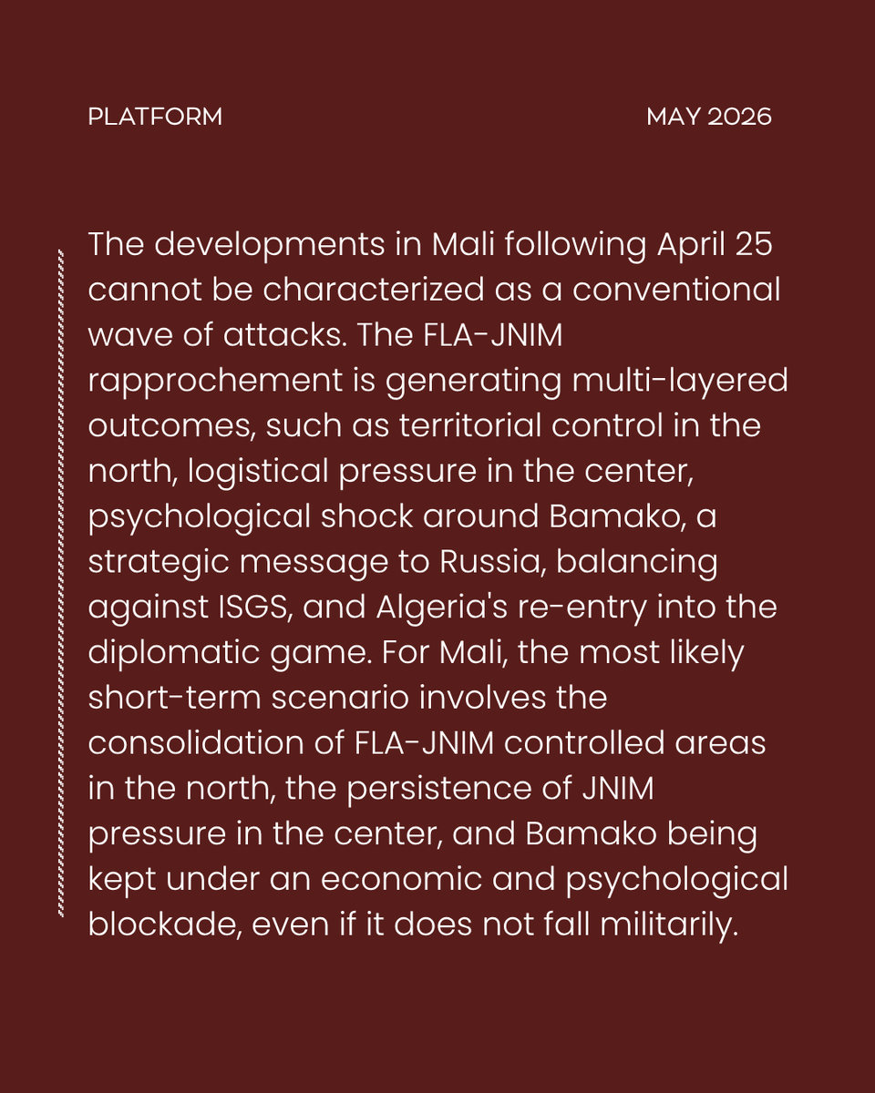 platform_ilke's tweet photo. “Mali’s crisis can no longer be understood solely through the lens of counterterrorism; it must also be analyzed within the framework of state capacity, ethnic balances, external actor competition, and the new geopolitics of the Sahel.”

Fatih Dağ (@fatihdag58) wrote for The Platform.
https://t.co/k7AOk62guC
