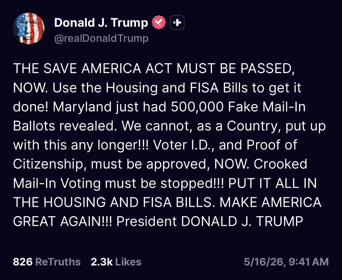 DavidSacks10660's tweet photo. President Donald Trump suggests putting the SAVE America Act in both (?) housing affordability legislation and FISA reauthorization, a move that would almost certainty kill both efforts https://t.co/lhZDNH3UAl