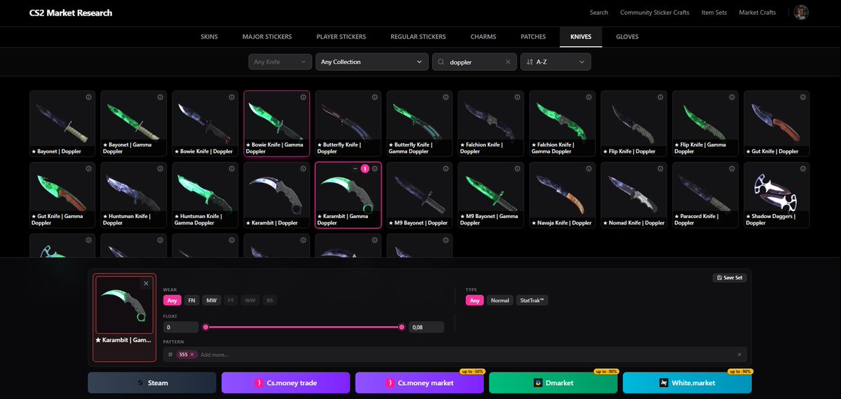 1Bogdanoff's tweet photo. Knives &amp; Gloves search is here 🔪🧤

Filter by float, wear, and paint seed to find the exact item you want.

Save your search as a set, repeat it later, and catch new listings without starting over.

Start here:
Knives — https://t.co/saEg86tFyf
Gloves — https://t.co/VSIQLkivJ3 https://t.co/AYFfAMRVog