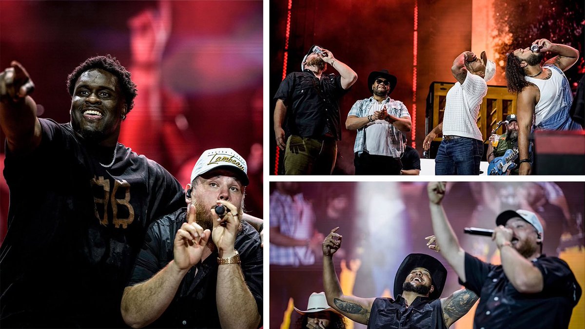 SleeperPackers's tweet photo. Luke Combs performed at Lambeau Field last night and the Packers offensive line was having a party on stage! https://t.co/buEZ1KZbCF