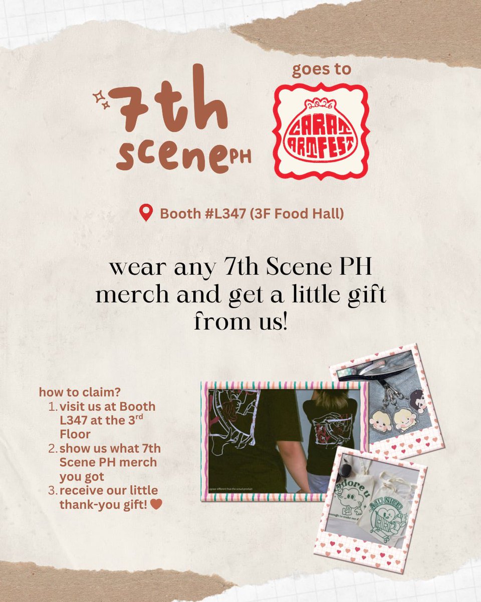 7thsceneph's tweet photo. Wear any 7th Scene PH merch at the #CaratArtFest2026 and get a little gift from us!! 💎

just visit us at Booth L347 and show off what you got 😎 and get a little thank-you gift from us 🤎

see you all tomorrow 🥹🫶 https://t.co/rJwGbvvHNe