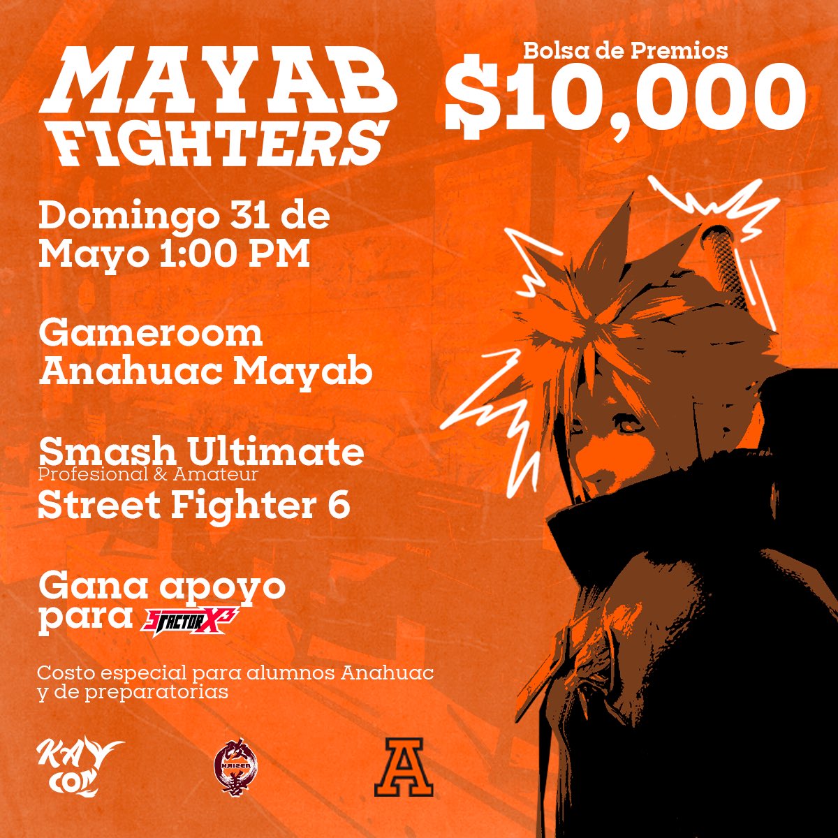Kaycon_gaming's tweet photo. El Game Room de la Universidad Anáhuac Mayab será sede de MAYAB FIGHTERS 🥊🦁, un evento competitivo de fighting games en Mérida con torneos de Super Smash Bros. Ultimate y Street Fighter 6.

El torneo de Smash tendrá una bolsa de $10,000 MXN + un S Pass para @sfactorgaming 13. https://t.co/oq4x9wlLxB